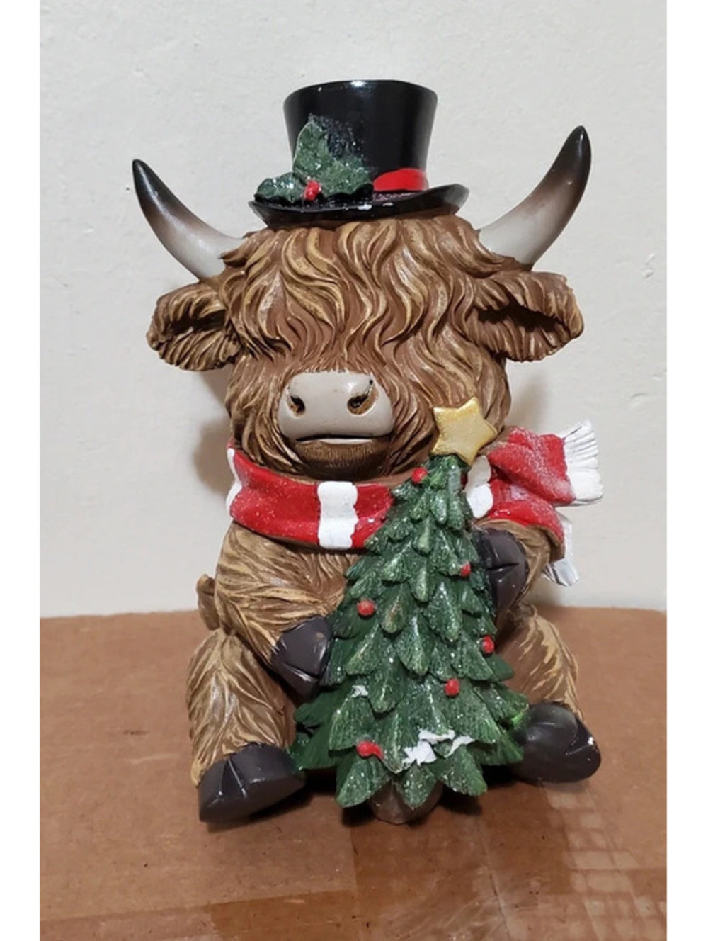 Hobby Lobby Christmas Highland Cow Figurine Top Hat Scarf Tree Decor